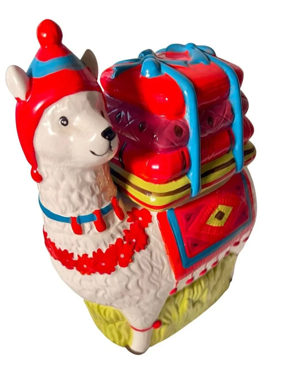 World Market Vibrant Llama Alpaca Cookie Jar Planter Carrying Presents 11” NWT